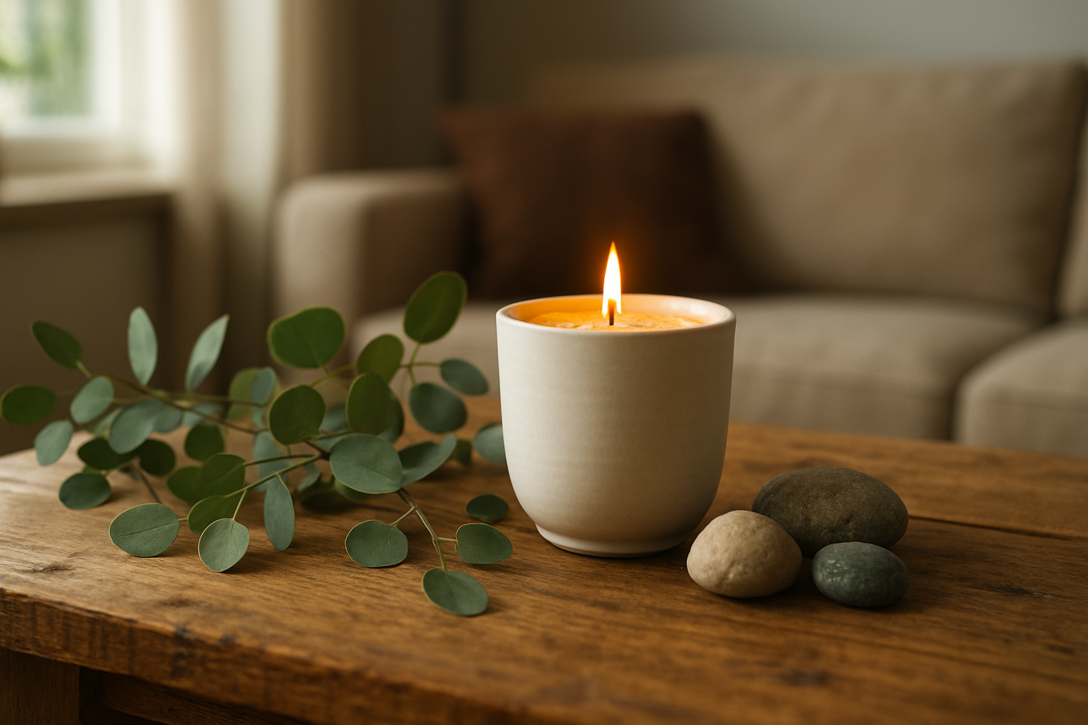 Bougie naturelle en cire d'abeille dans un pot en céramique blanche sur une table en bois, entourée de branches d'eucalyptus et de pierres, lumière naturelle tamisée, ambiance déco chaleureuse.