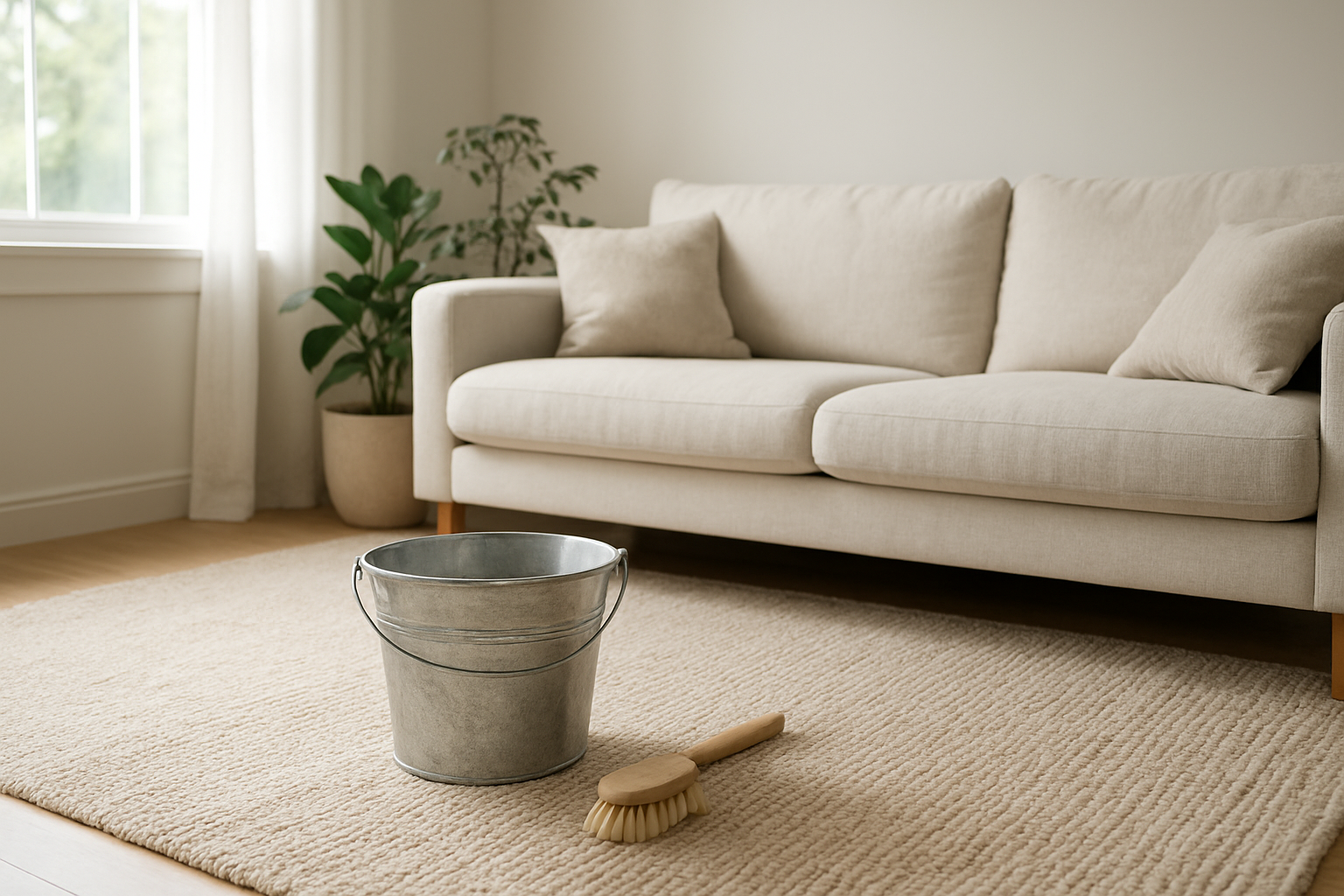 Tapis beige texturé dans un salon lumineux avec seau et brosse de nettoyage, ambiance déco naturelle