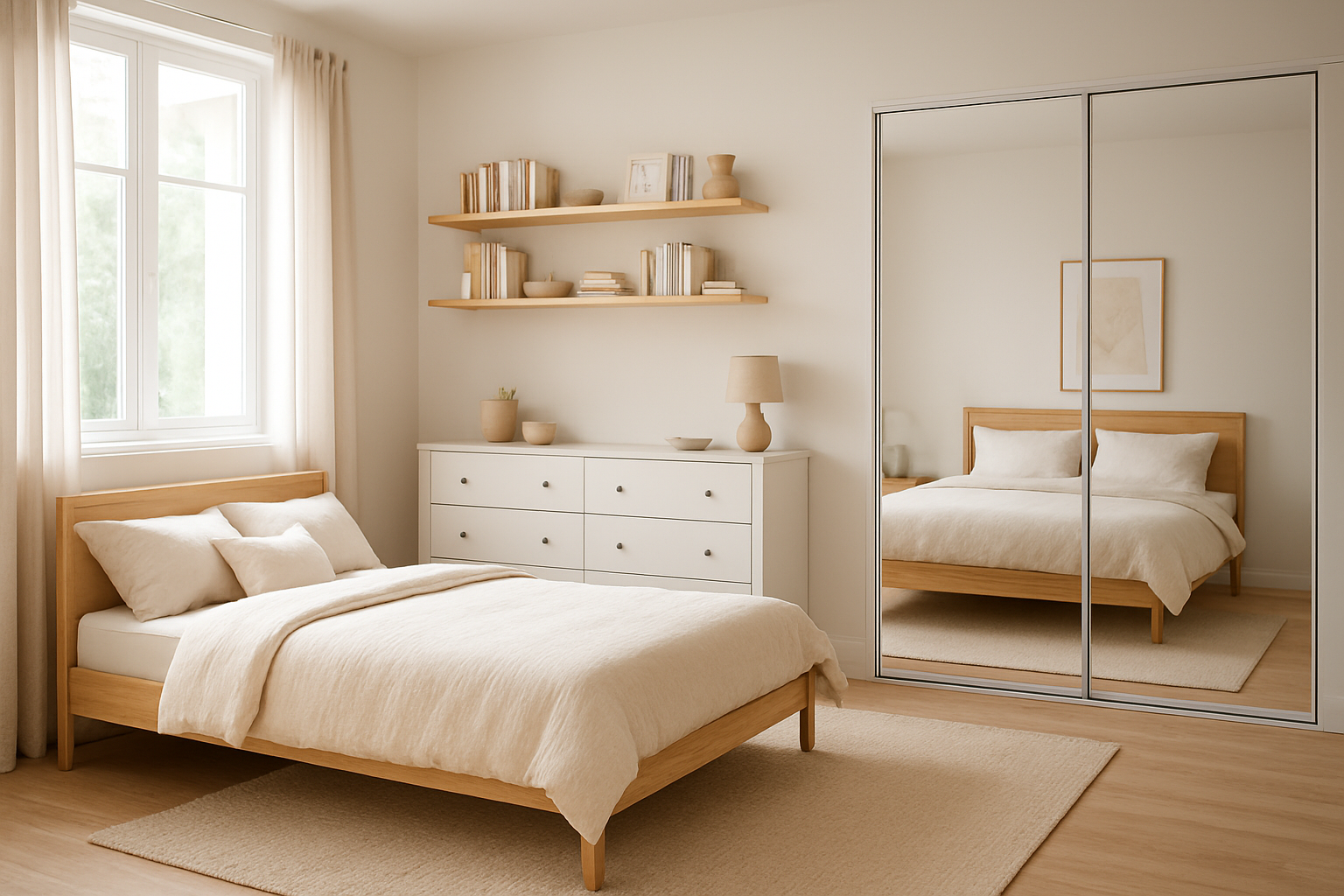 Chambre à coucher avec meubles de rangement chambre : commode blanche, armoire à portes coulissantes, étagères murales, lit en bois clair, lumière naturelle.