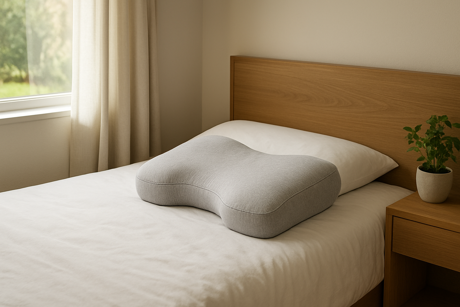 Oreiller anti ronflement ergonomique en mémoire de forme sur un lit fait, avec housse grise, dans une chambre lumineuse et apaisante.