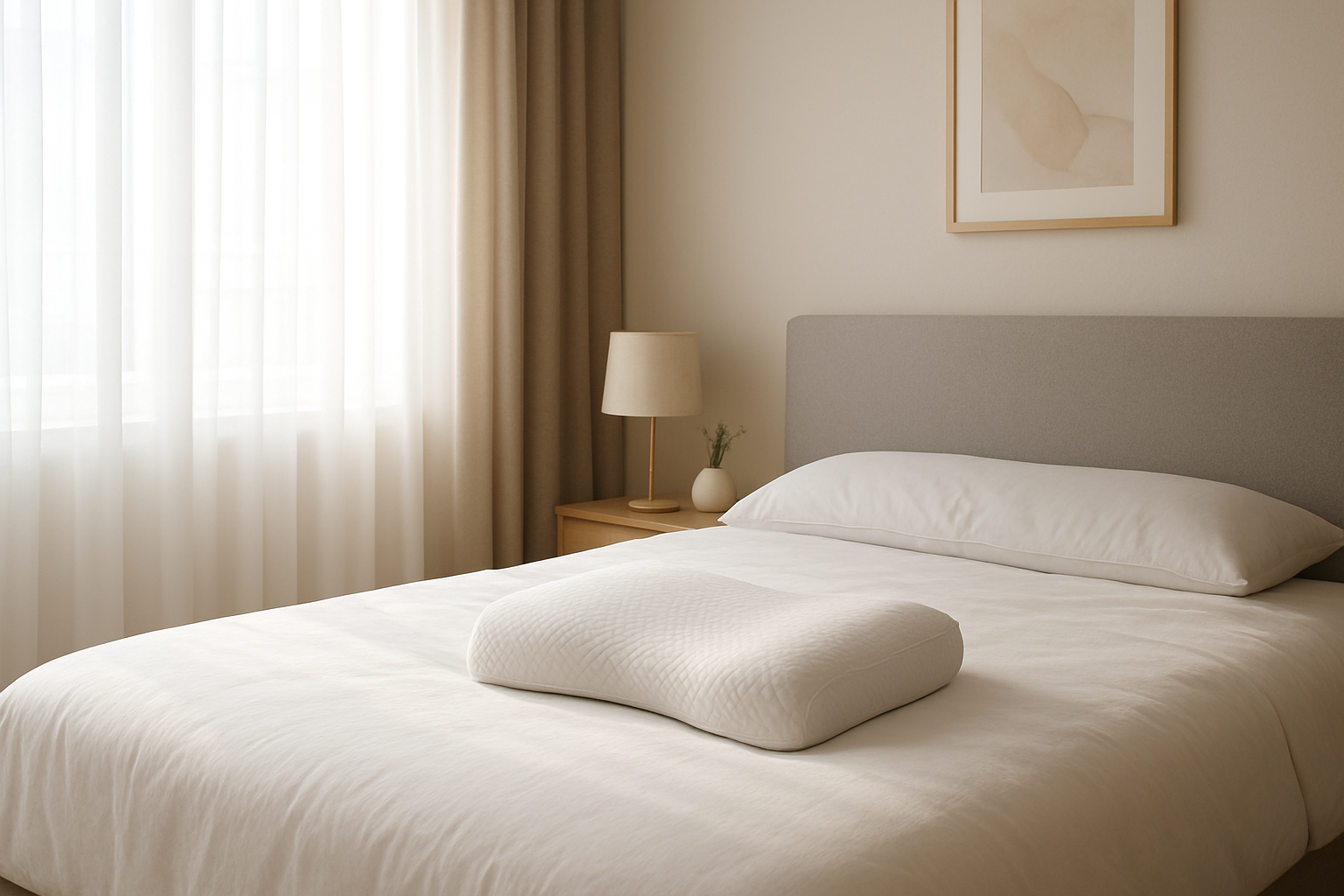 Oreiller Derila ergonomique posé sur un lit blanc dans une chambre lumineuse et minimaliste, avec des rideaux en lin et une lumière naturelle tamisée.