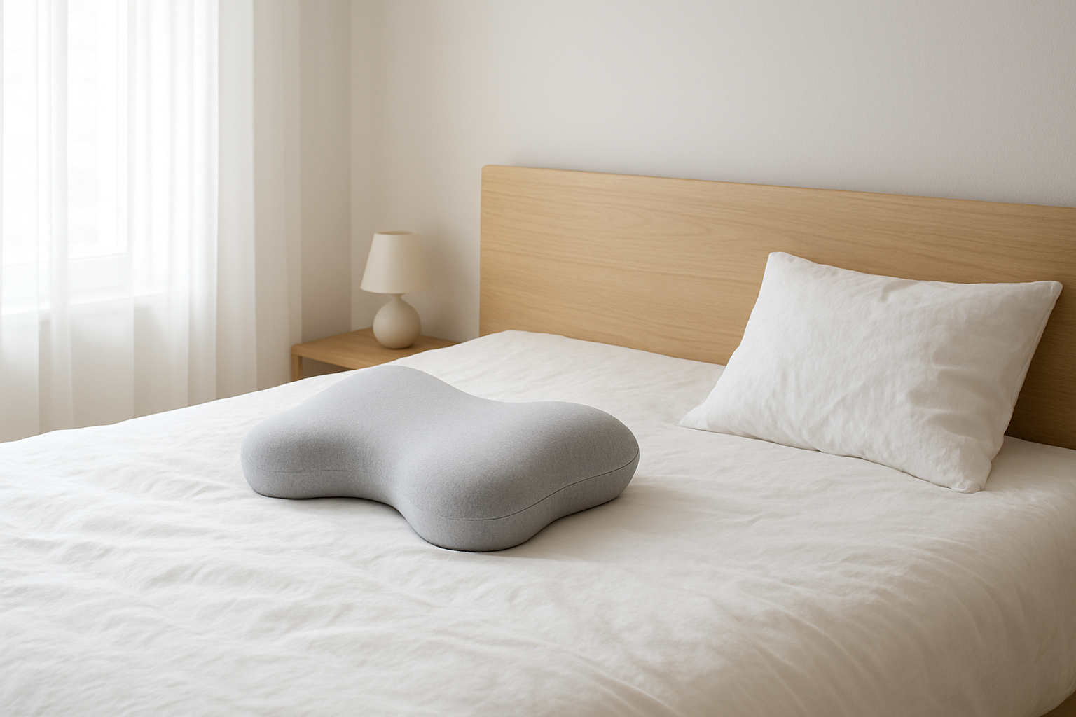 Oreiller ergonomique Derila en mousse à mémoire de forme sur un lit blanc dans une chambre lumineuse, avec taie d'oreiller en coton et tête de lit en bois clair