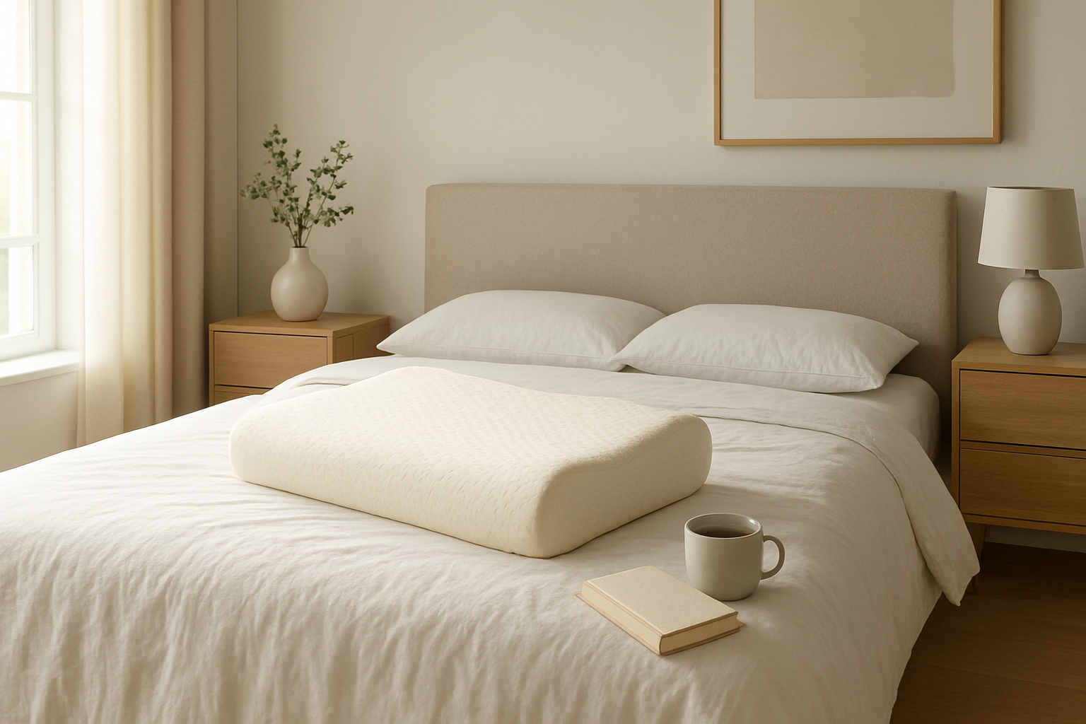 Oreiller Derila Ergo en mousse à mémoire de forme sur un lit blanc dans une chambre lumineuse et moderne, avec une tasse de café et un livre à côté