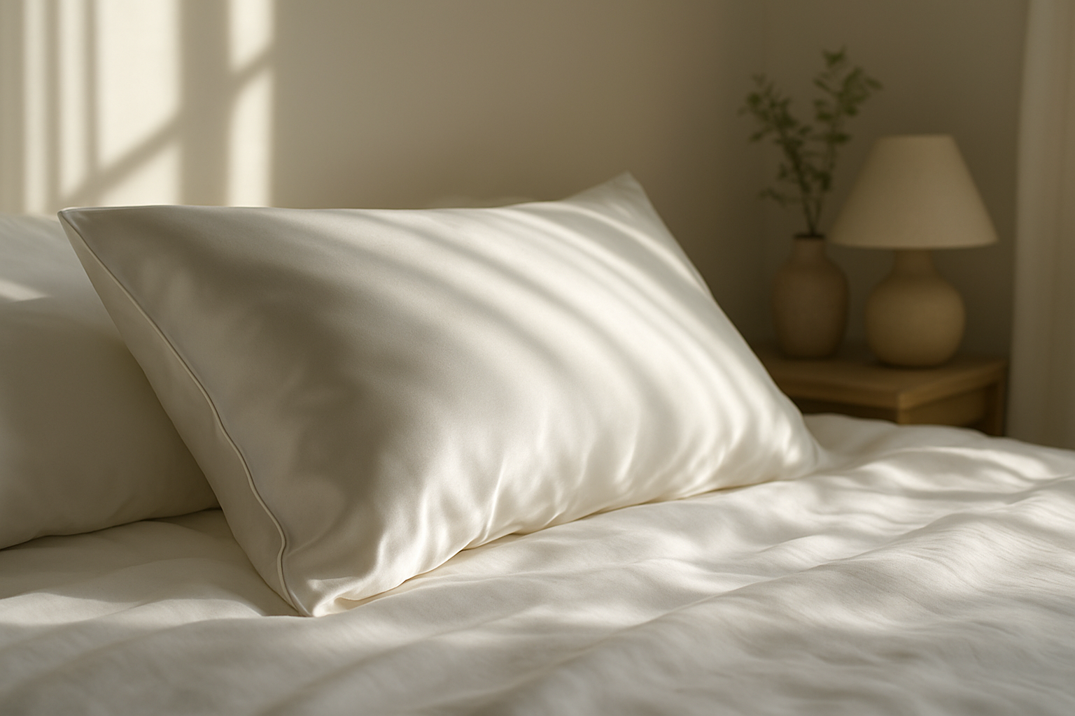 Taie d'oreiller en soie blanche sur un lit avec lumière naturelle, décoration minimaliste