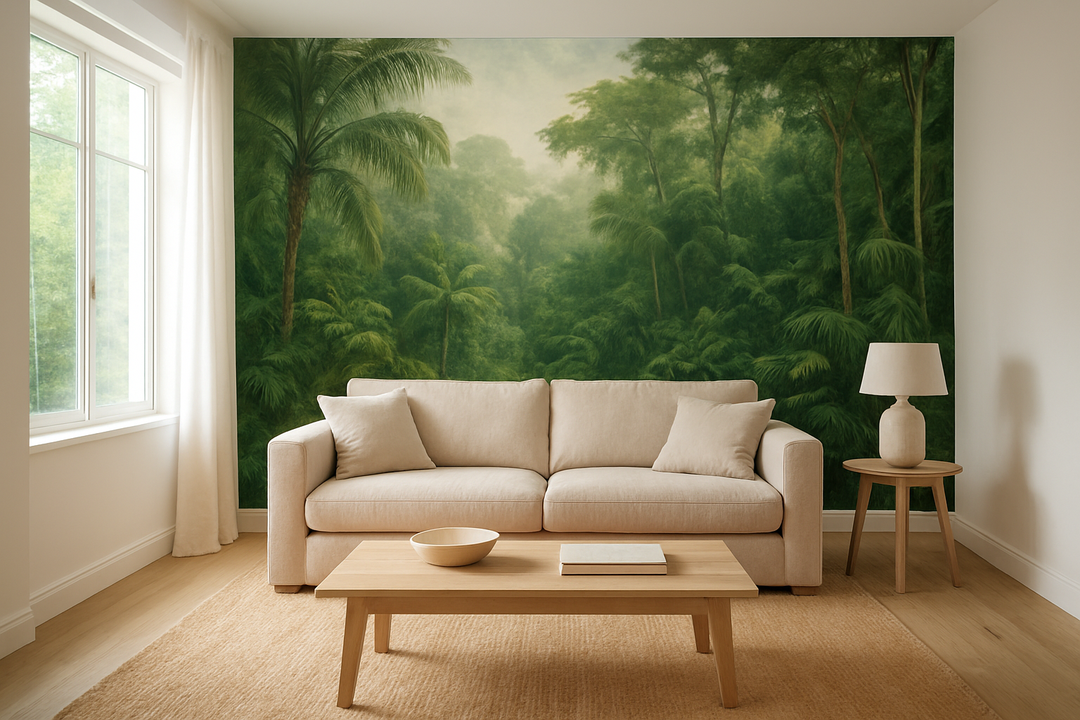 Salon moderne avec papier peint panoramique forêt tropicale sur mur d'accent, canapé beige et lumière naturelle, ambiance déco contemporaine
