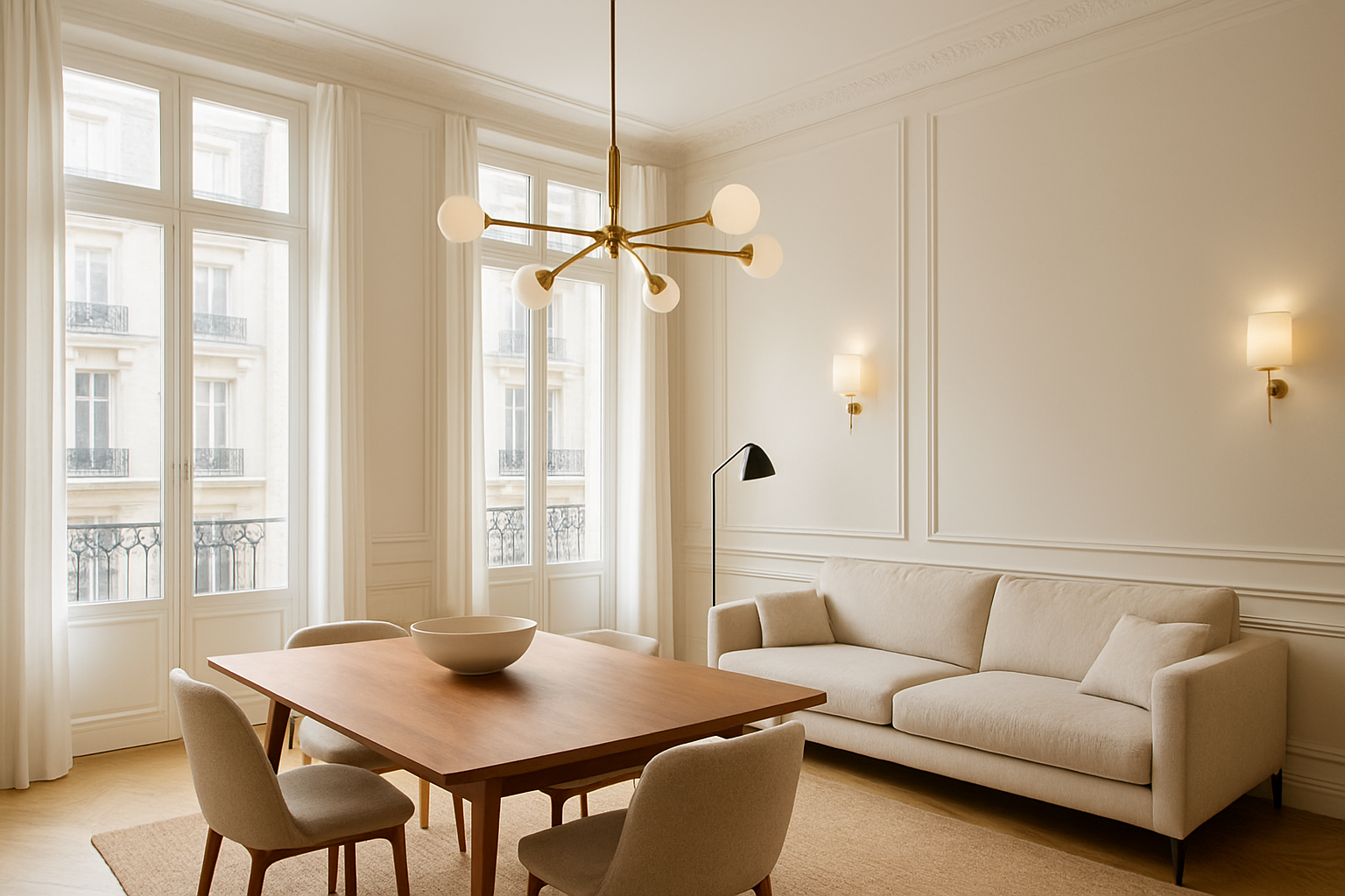 Salon parisien avec un lustre design en laiton, une lampe sur pied noire et des appliques murales, baigné de lumière naturelle, illustrant les magasins de luminaires à Paris.