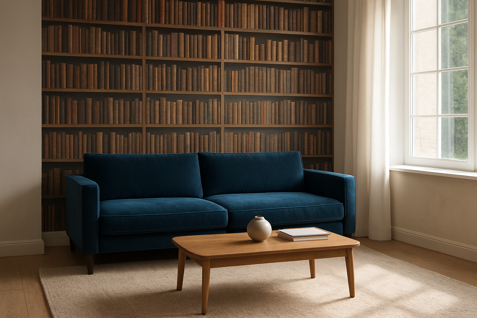 Salon contemporain avec un mur d'accent en papier peint trompe-l'œil bibliothèque, créant une illusion de profondeur, baigné de lumière naturelle.