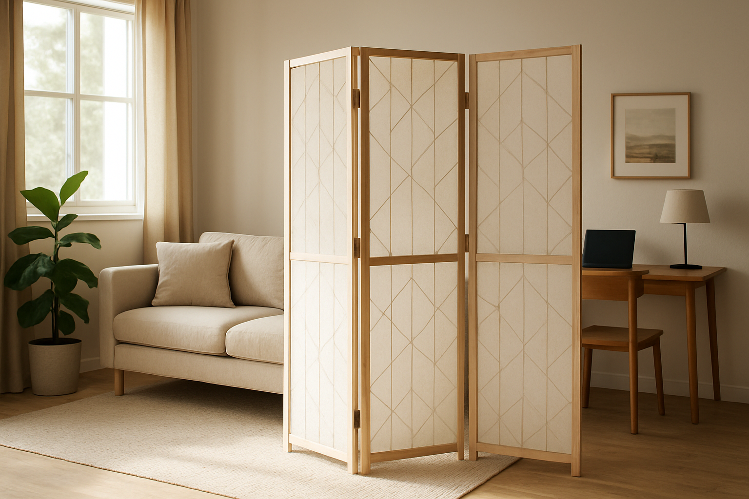 Un paravent pas cher en bois clair et tissu à motifs géométriques sépare un coin salon d'un espace bureau dans un salon lumineux au style scandinave.