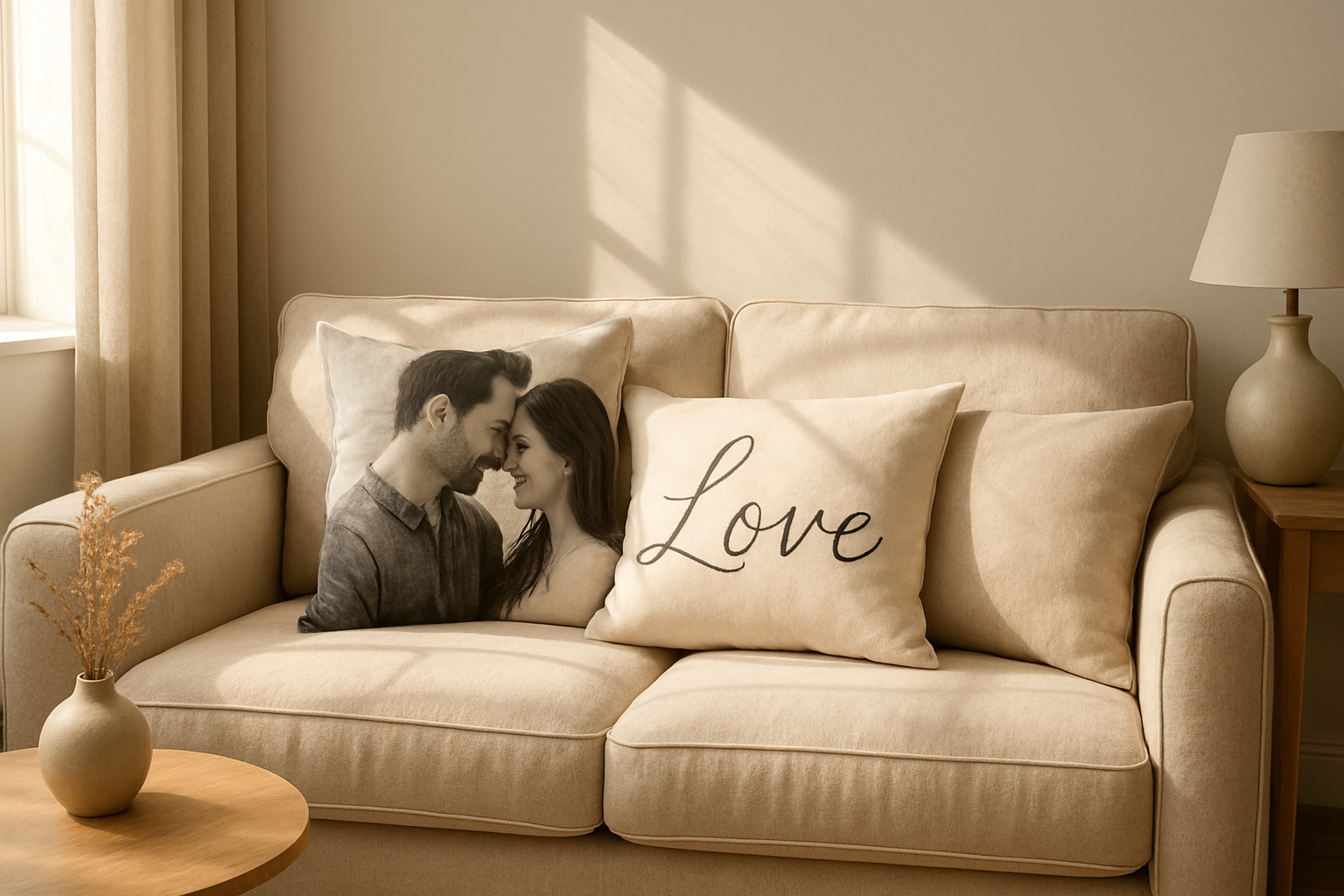 Trois coussins décoratifs sur un canapé beige, dont un coussin personnalisé photo en noir et blanc et un coussin personnalisé texte 'Love', baignés de lumière naturelle
