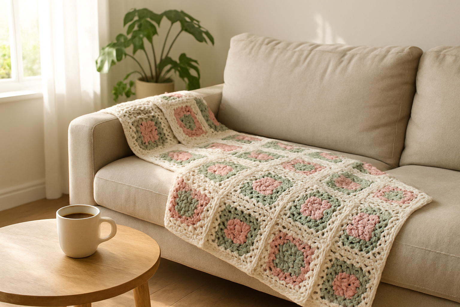 Plaid au crochet en granny squares pastel sur un canapé beige, avec une tasse de café et des plantes vertes dans un salon lumineux.
