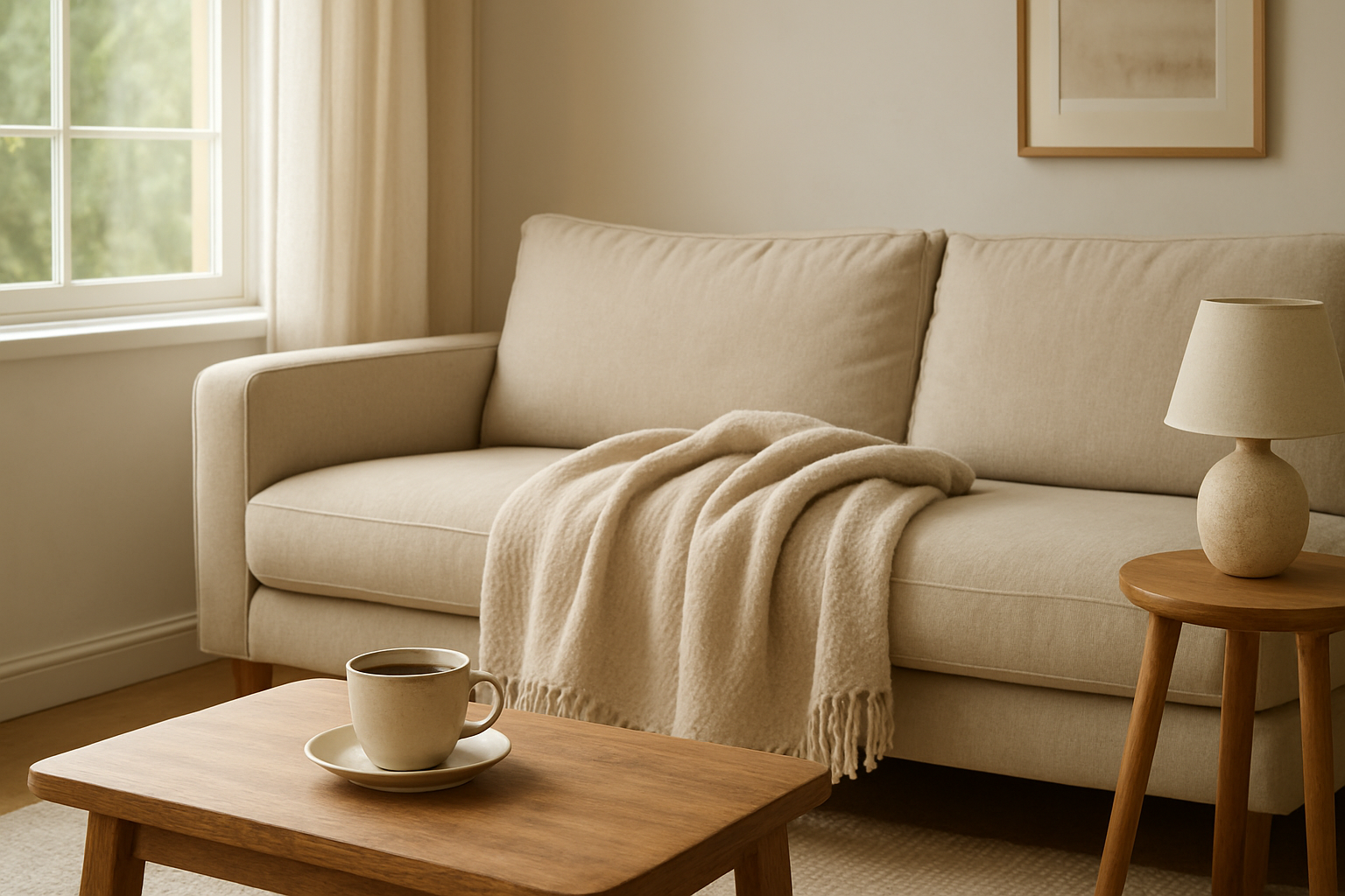 Plaid en anglais jeté sur un canapé beige dans un salon lumineux et cosy avec une tasse de thé sur la table basse