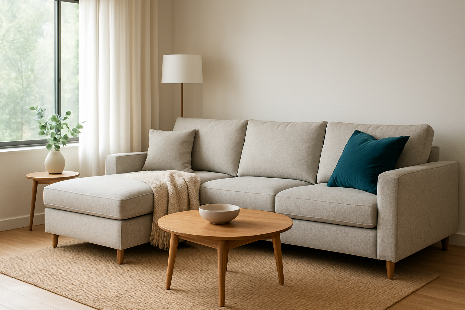 Plaid en laine beige joliment drapé sur un canapé d'angle gris, avec un coussin bleu canard, dans un salon lumineux au style contemporain