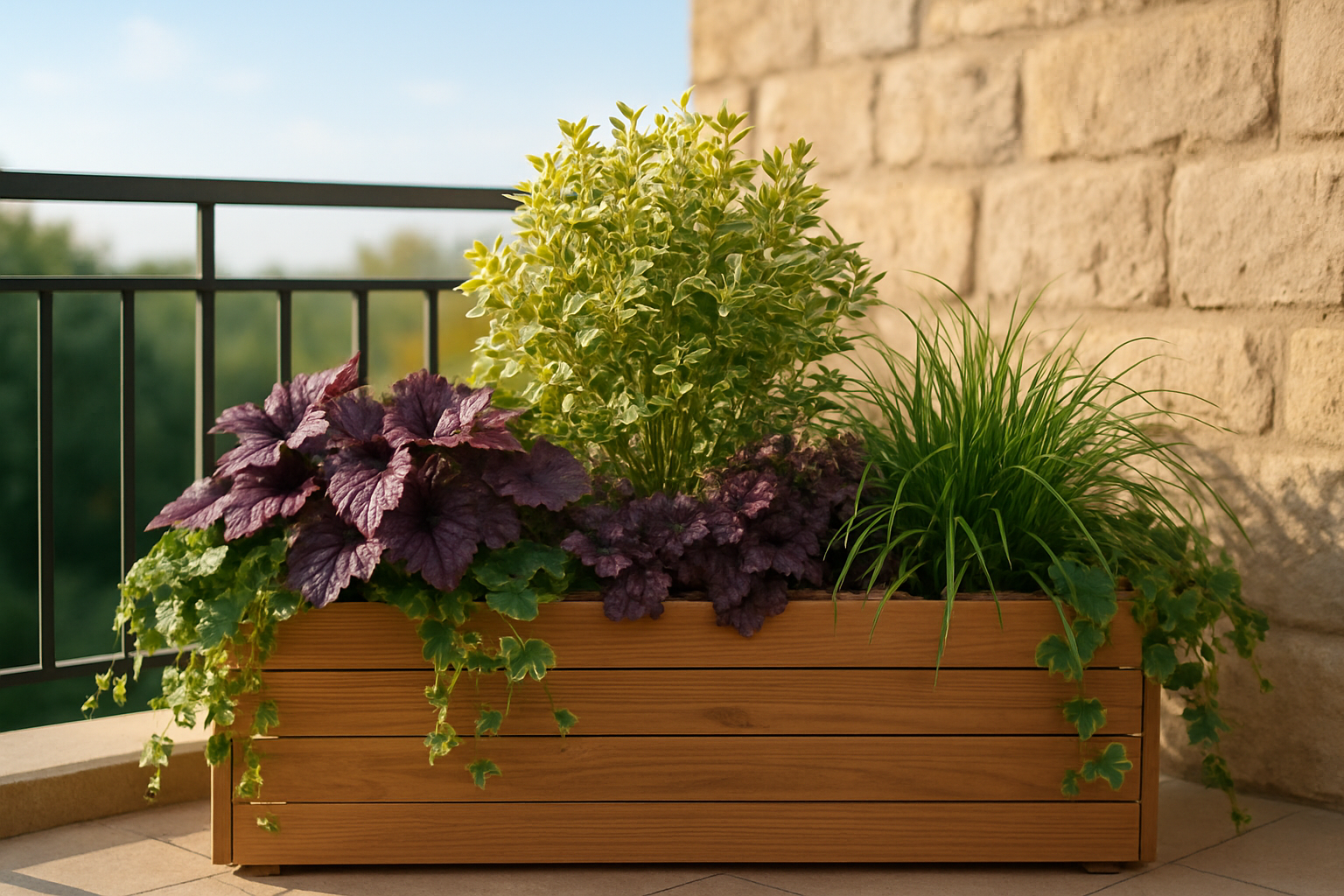 Jardinière en bois avec plantes persistantes toute l'année : fusain, heuchères pourpres, carex et lierre retombant sur un balcon ensoleillé.