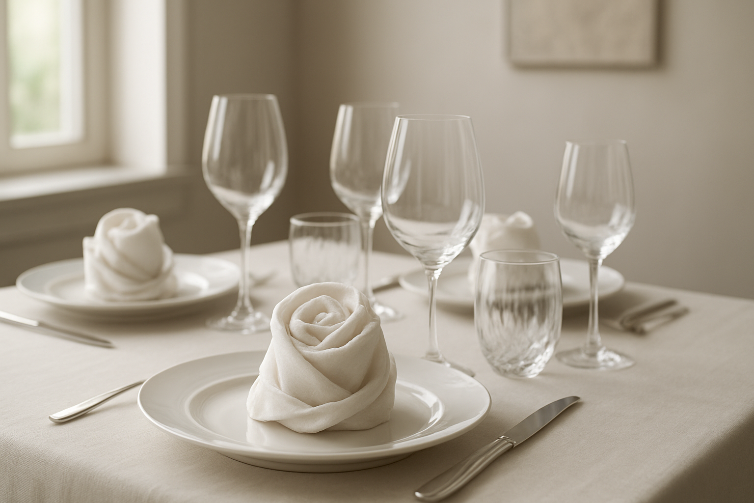 Serviettes en lin blanc pliées en rose sur des assiettes, dressage de table élégant avec couverts et verres, lumière naturelle.