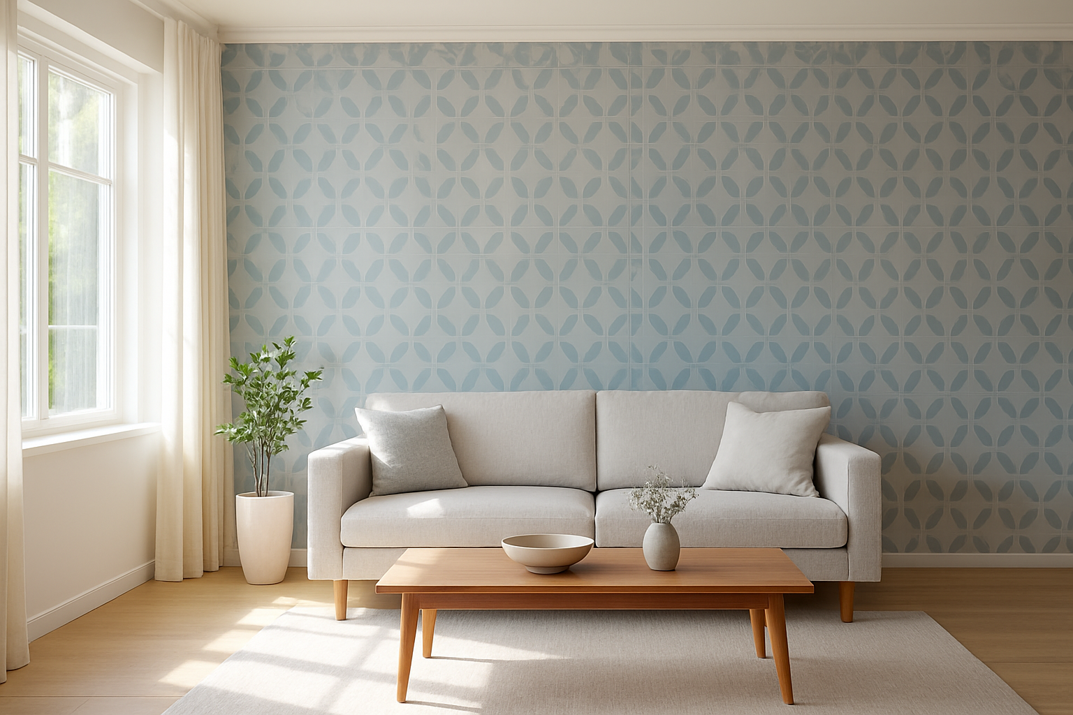 Mur décoré de papier peint géométrique bleu et gris dans un salon lumineux avec canapé moderne et table basse en bois, lumière naturelle traversant une fenêtre