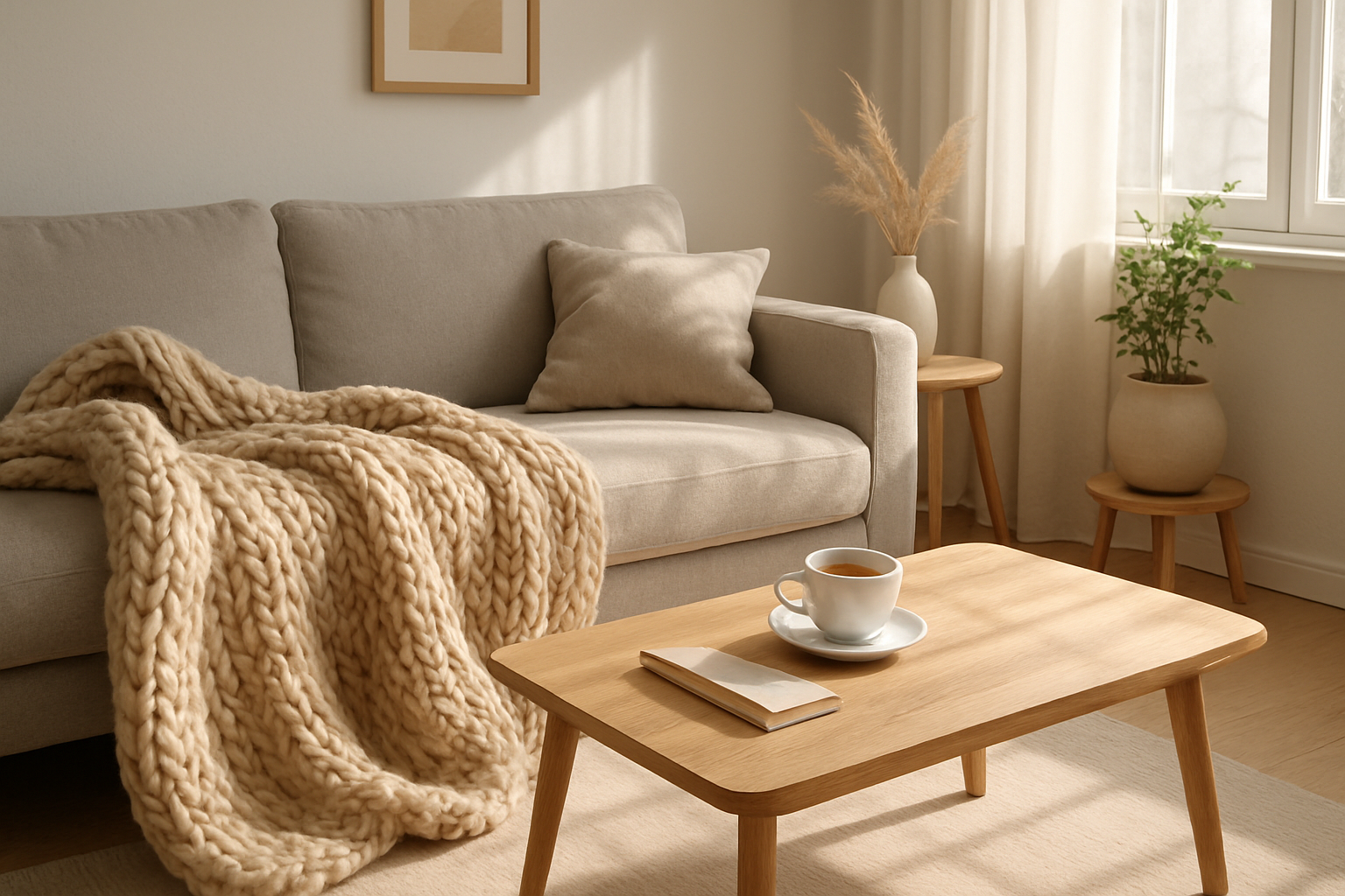 Plaid tricot chunky beige drapé sur un canapé gris clair dans un salon lumineux au style scandinave, avec une tasse de thé sur une table basse en bois