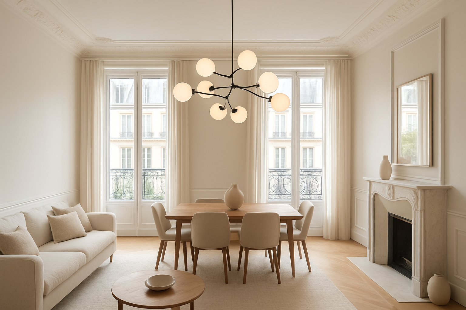 Salon parisien lumineux avec un lustre design contemporain suspendu au-dessus d'une table en bois, style magazine décoration