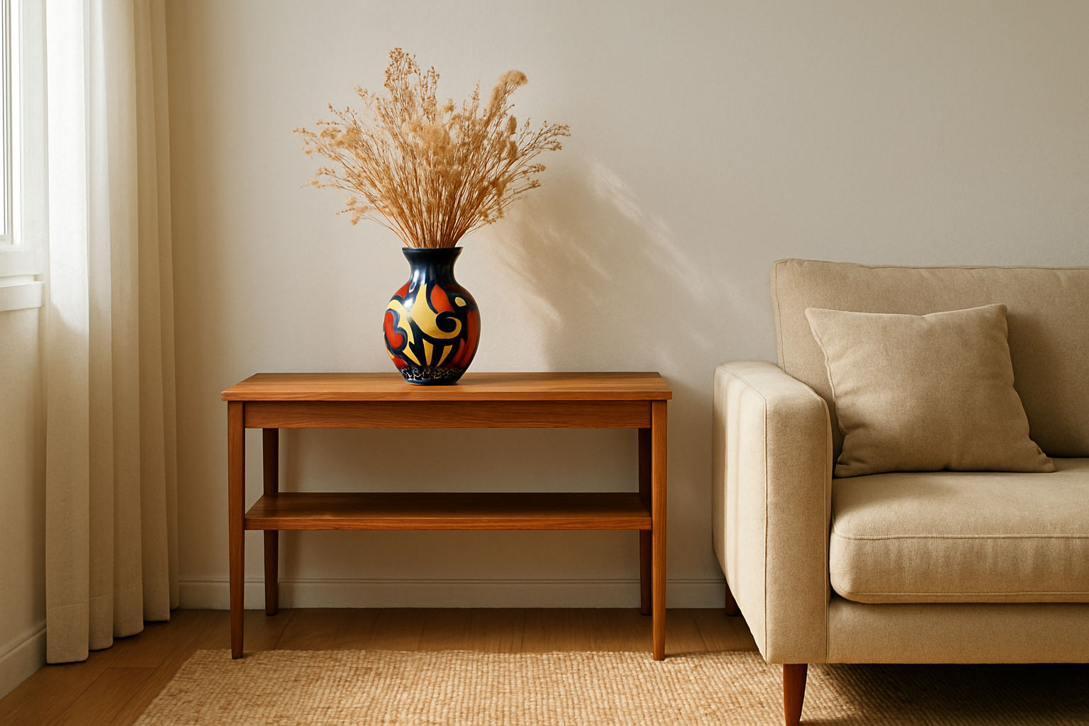 Vase Vallauris signé Picasso posé sur une console en bois dans un salon lumineux au style bohème, avec des fleurs séchées et une lumière naturelle.