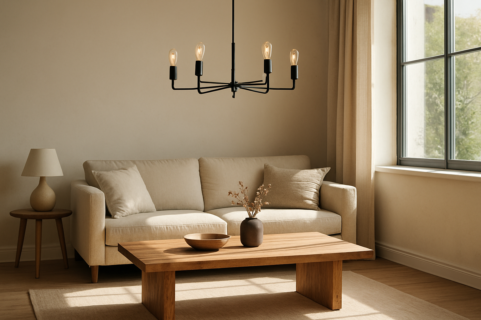 Lustre moderne en métal noir suspendu dans un salon lumineux avec canapé beige et table basse en bois, lumière naturelle.