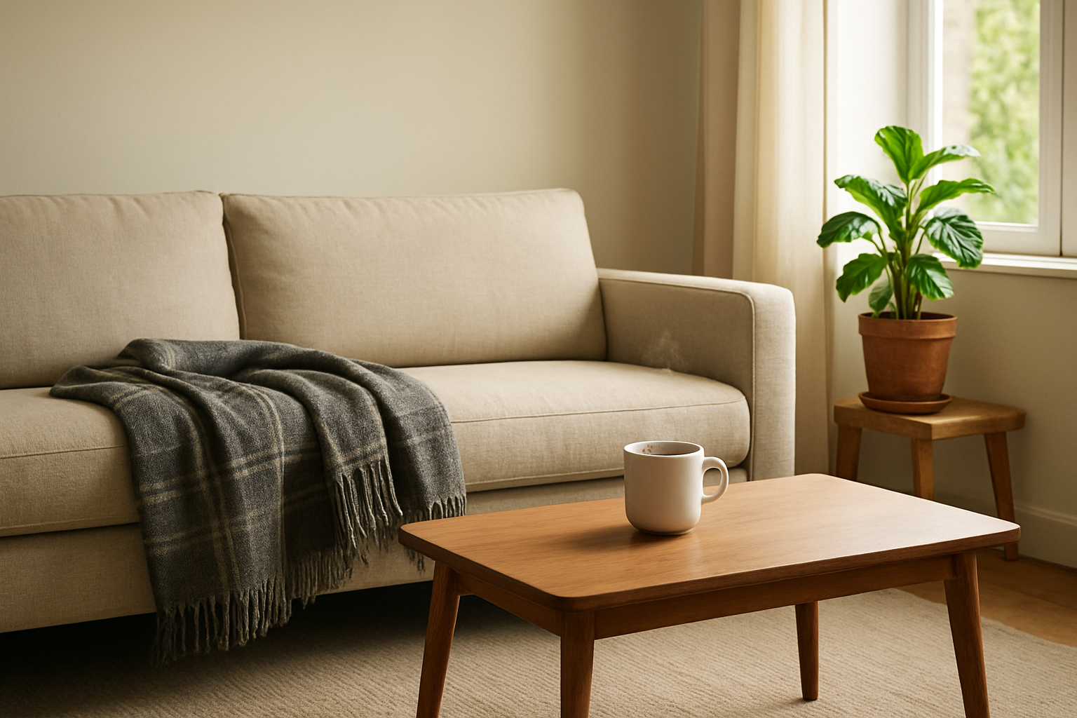 Plaid en laine gris à carreaux écossais jeté sur un canapé beige dans un salon lumineux avec une tasse de café et une plante verte.
