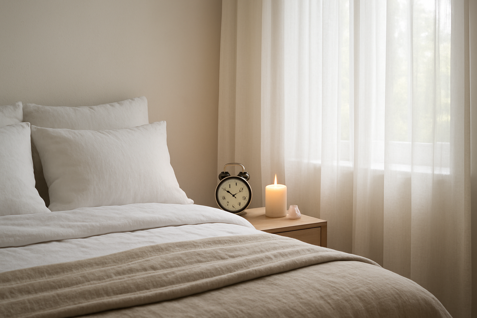 Réveil affichant 11h11 sur une table de chevet avec bougie et quartz rose, chambre lumineuse aux rideaux en lin blanc, ambiance apaisante.