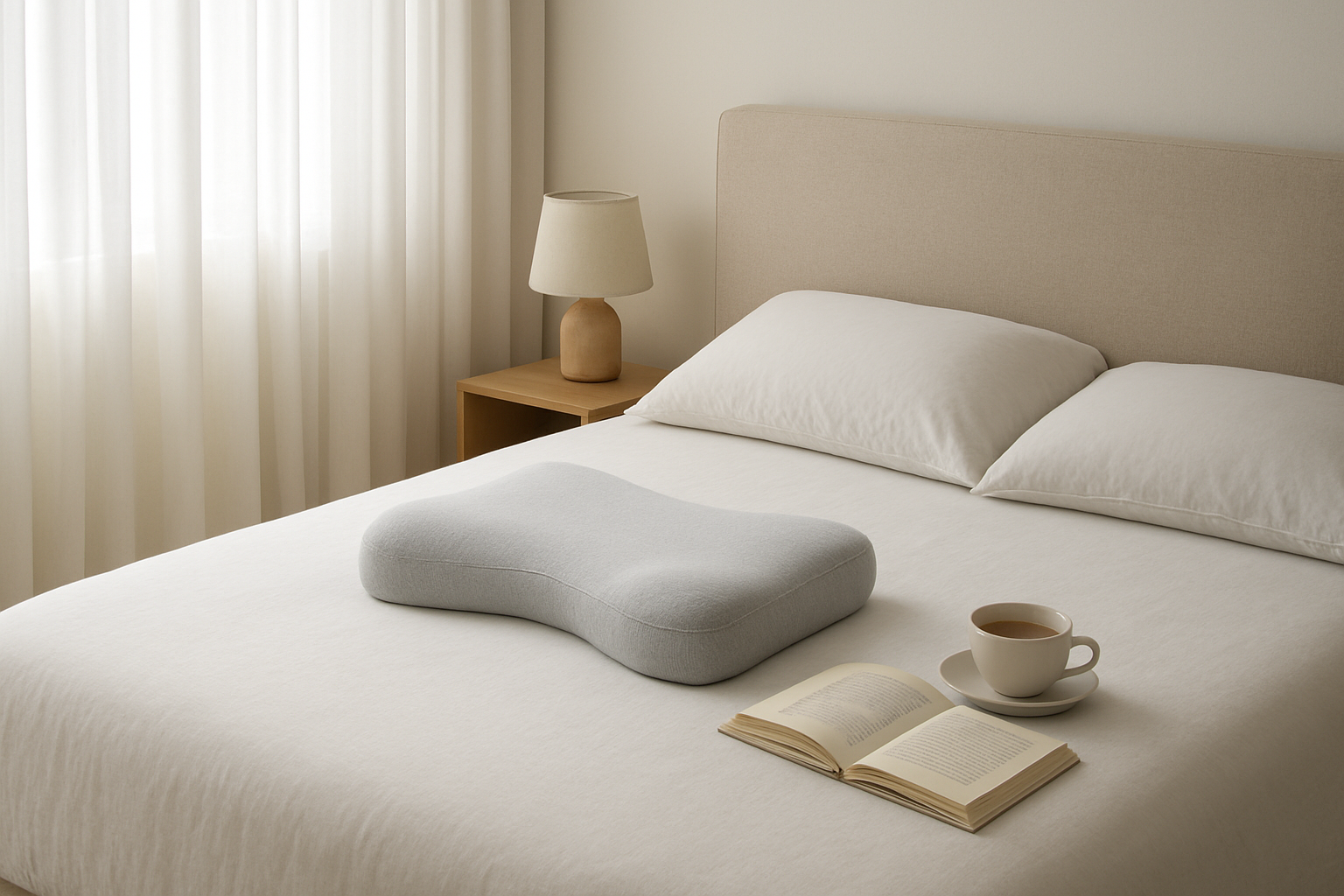 Oreiller anti-ronflement ergonomique gris sur un lit avec drap blanc, dans une chambre lumineuse et calme, décor minimaliste, lumière naturelle.