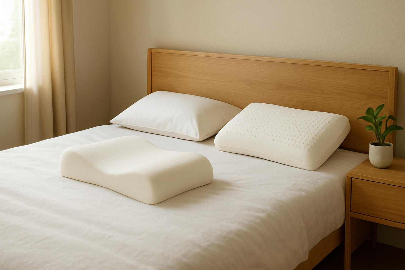 Lit avec draps blancs et deux oreillers ergonomiques conseillés par les kinés, l'un en mousse à mémoire de forme, l'autre en latex, dans une chambre lumineuse et minimaliste