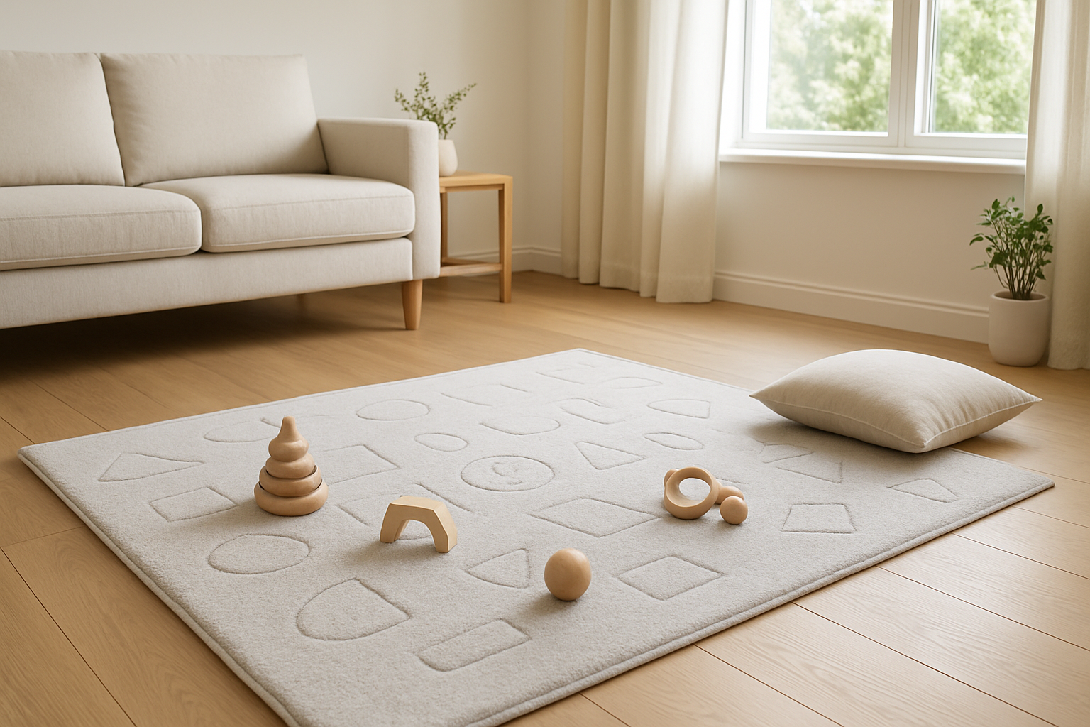 Tapis de motricité bébé beige avec motifs géométriques posé sur parquet, entouré de jouets en bois, dans un salon lumineux et épuré.