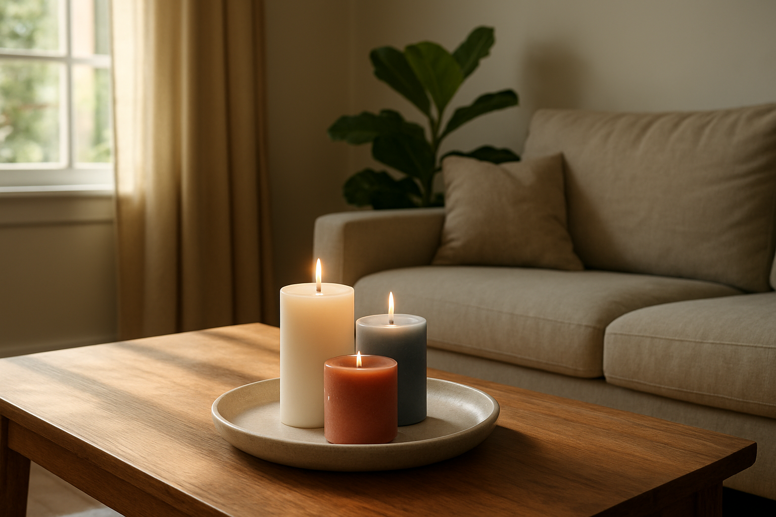 Trois bougies de couleurs blanche, bleue et terre cuite disposées sur un plateau en céramique, posé sur une table basse en bois dans un salon lumineux au style naturel et apaisant.