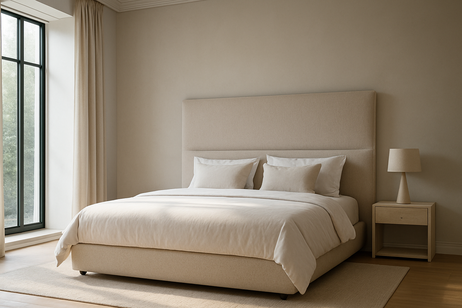 Tête de lit haute rembourrée beige dans une chambre moderne avec plafond haut et lumière naturelle