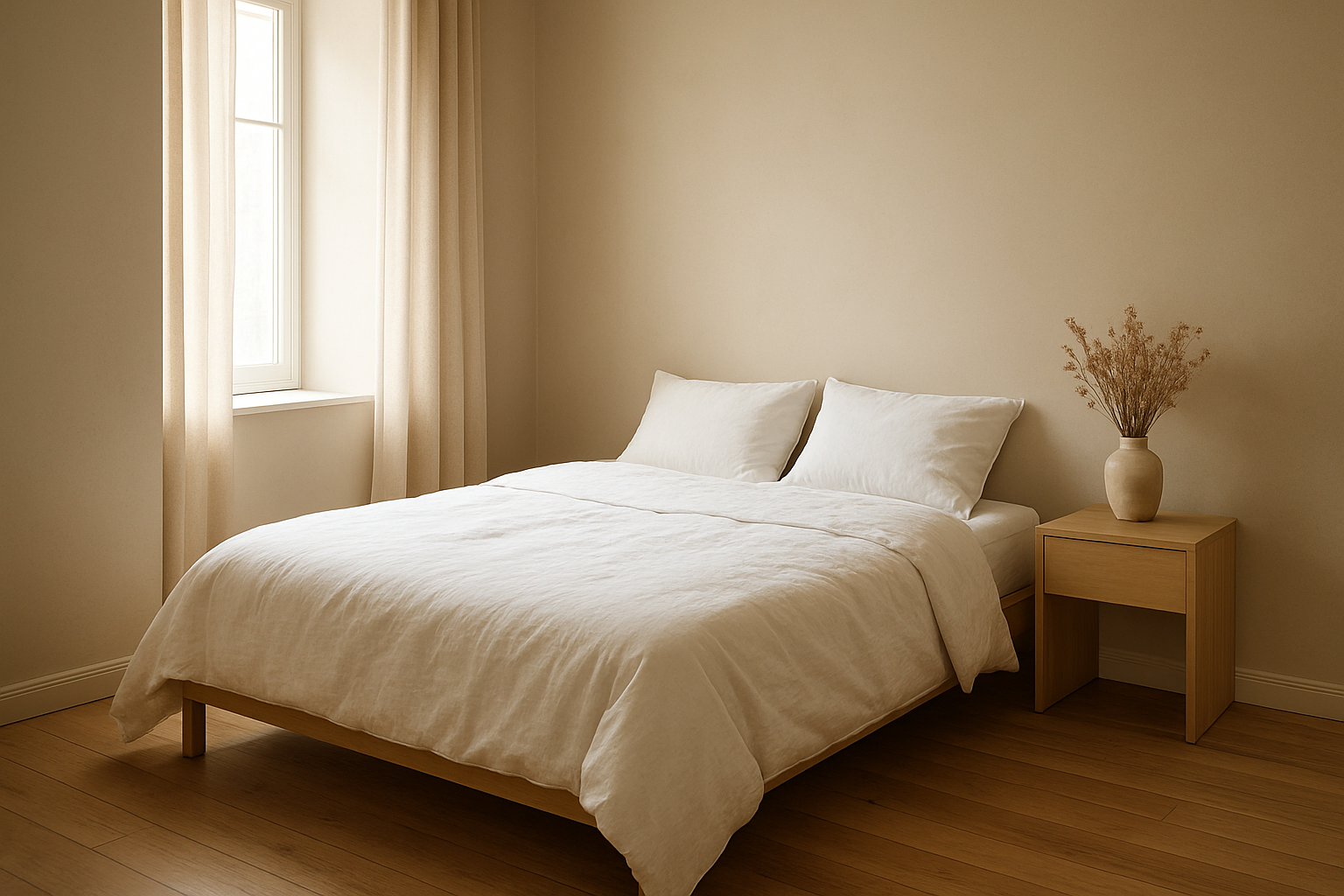 Lit double avec couette blanche et oreillers dans une chambre lumineuse minimaliste, taille couette adaptée au lit.