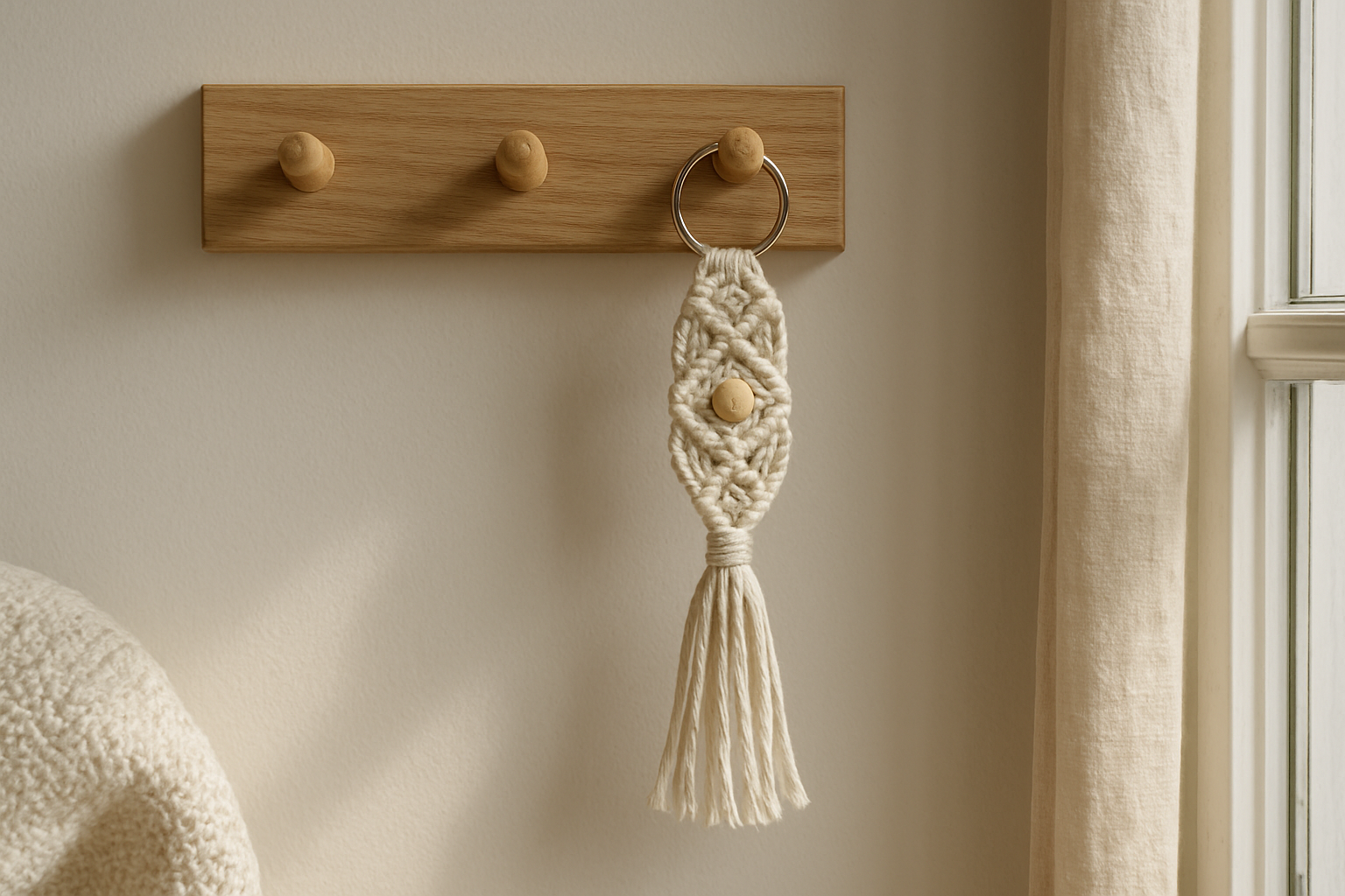 Porte-clés macramé en coton naturel accroché à un porte-clés en bois, avec des nœuds plats et une perle en bois, éclairé par la lumière du jour.