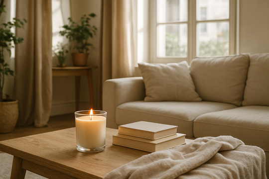 Bougie blanche allumée sur une table basse en bois dans un salon lumineux, entourée de livres et d'un plaid en lin, ambiance cocooning.