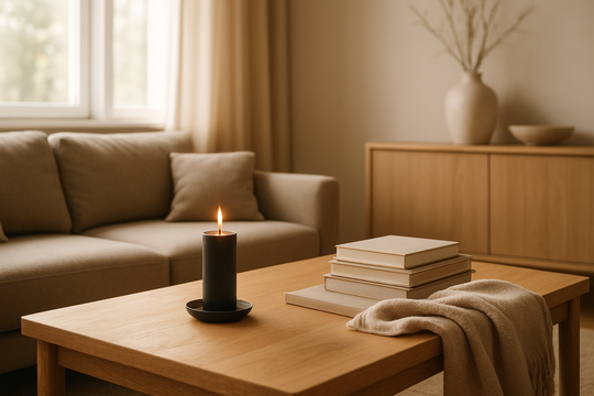 Bougie noire posée sur une table basse en bois dans un salon lumineux, entourée de livres et d'un plaid beige, décoration minimaliste et élégante.