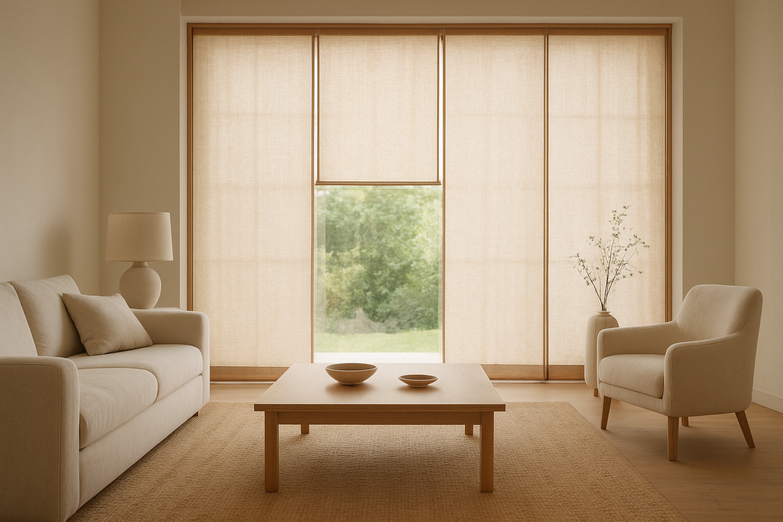 Stores japonais en lin beige partiellement ouverts devant une baie vitrée dans un salon lumineux au style minimaliste, avec tapis en jute et table basse en bois clair.