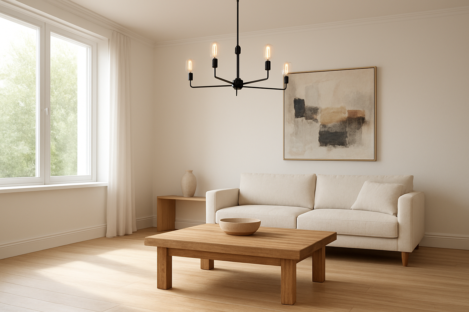 Salon lumineux avec murs blancs et parquet clair, table basse en bois, et lustre noir design à cinq branches suspendu au plafond, lumière naturelle provenant d'une fenêtre, décoration minimaliste moderne