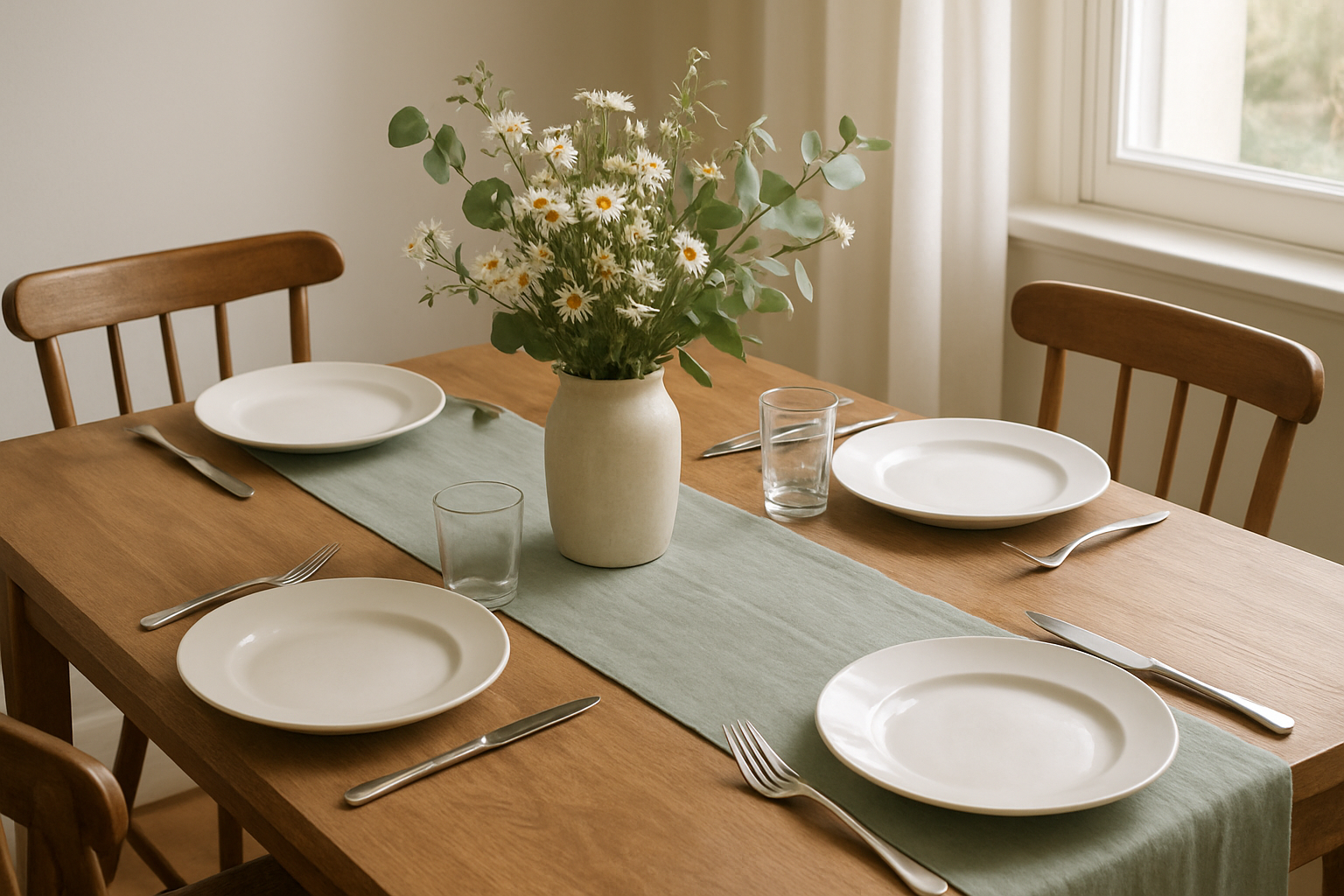 Table dressée avec un chemin de table en lin vert sauge, assiettes blanches et fleurs sauvages dans un vase en céramique, lumière naturelle