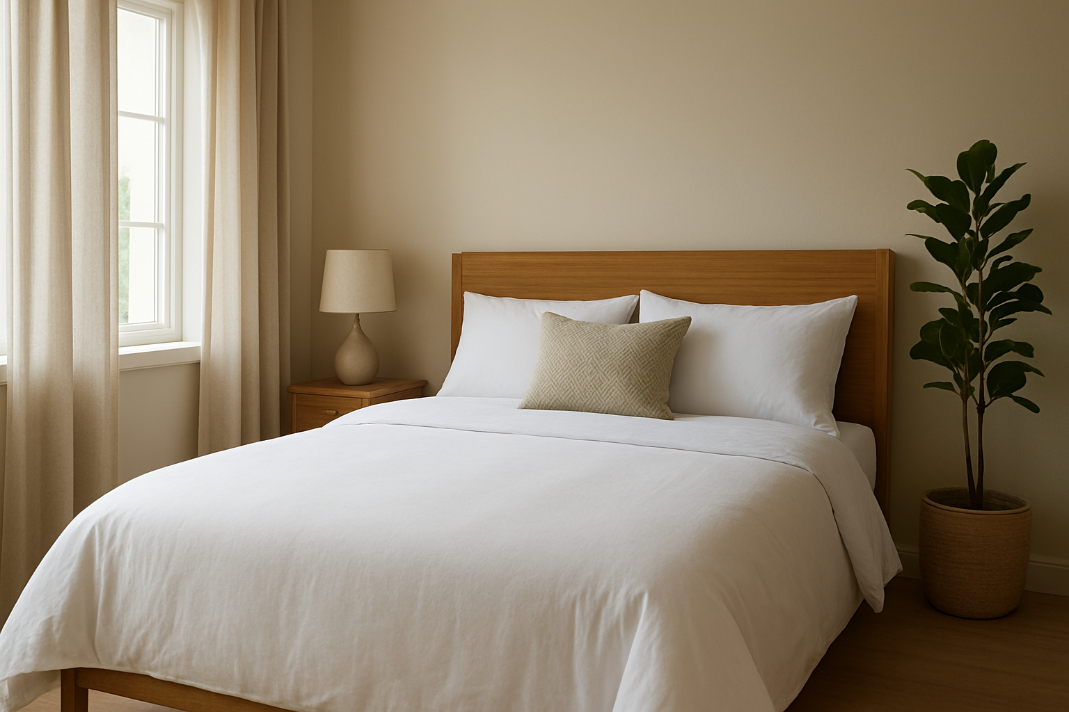 Lit 140 avec une housse de couette blanche bien ajustée, tombant élégamment sur les côtés, dans une chambre lumineuse et minimaliste