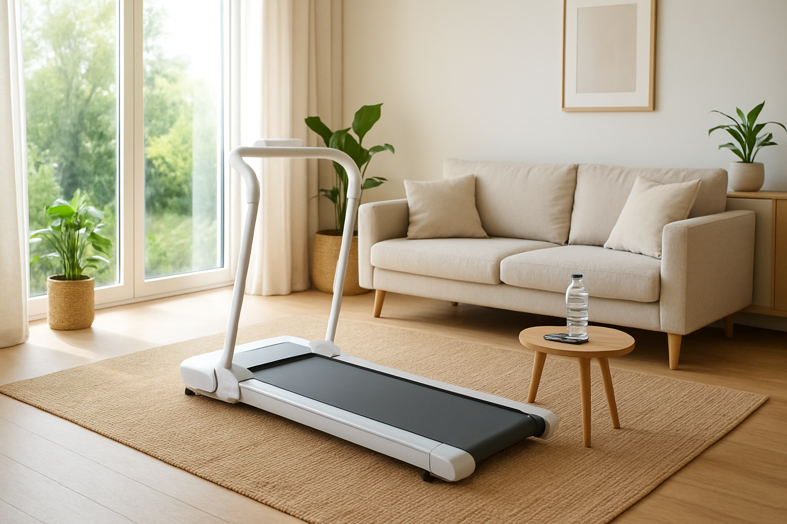 Salon lumineux avec tapis de course pliable blanc et gris posé sur un tapis de sol, décoration scandinave minimaliste, baie vitrée et plantes vertes