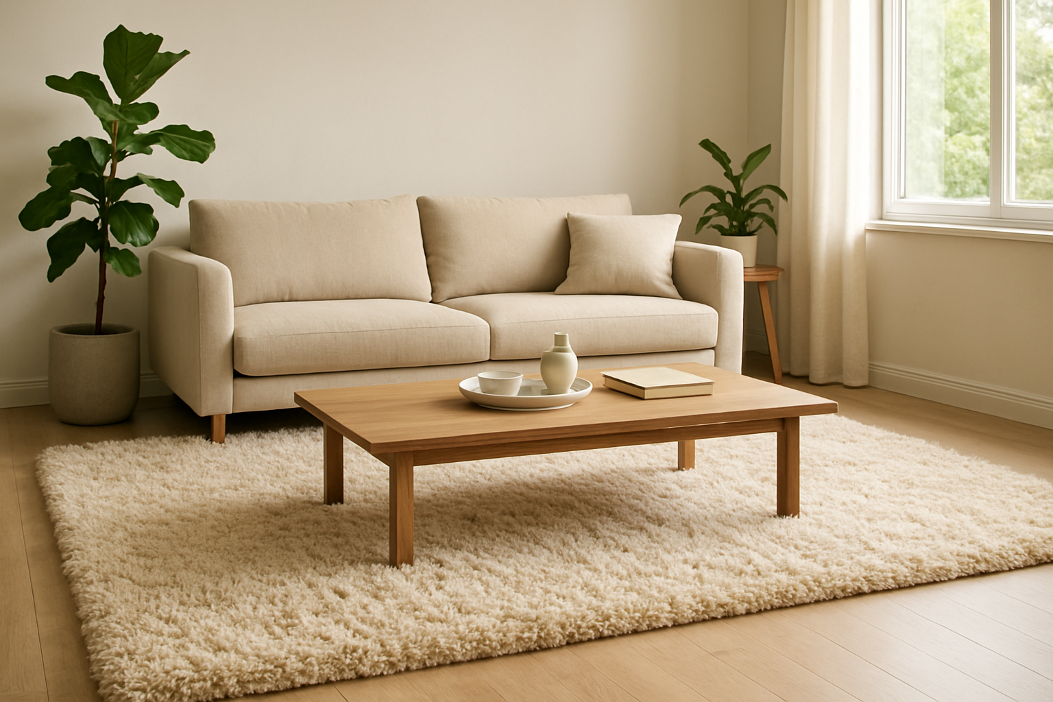 Beige shaggy tapis de salon Temu sous une table basse en bois, dans un salon lumineux au style moderne avec plantes vertes