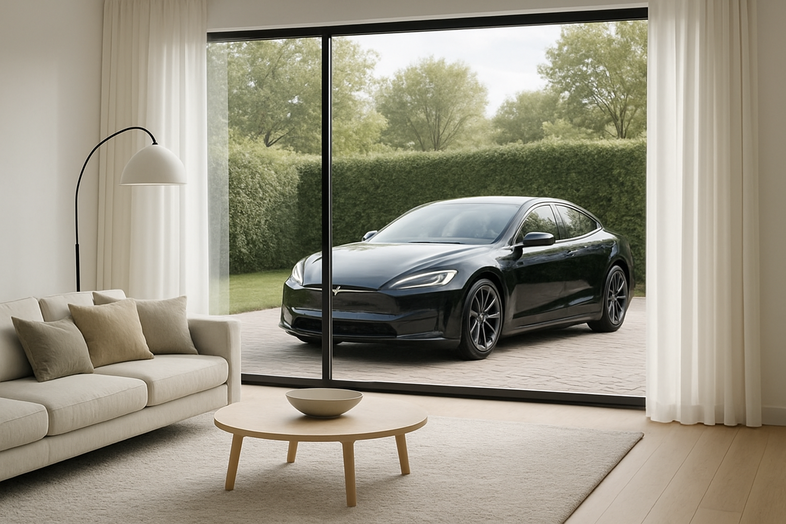 Salon lumineux avec rideaux blancs et vue sur une Tesla Model S Plaid garée dans une allée privée, ambiance chic et moderne.
