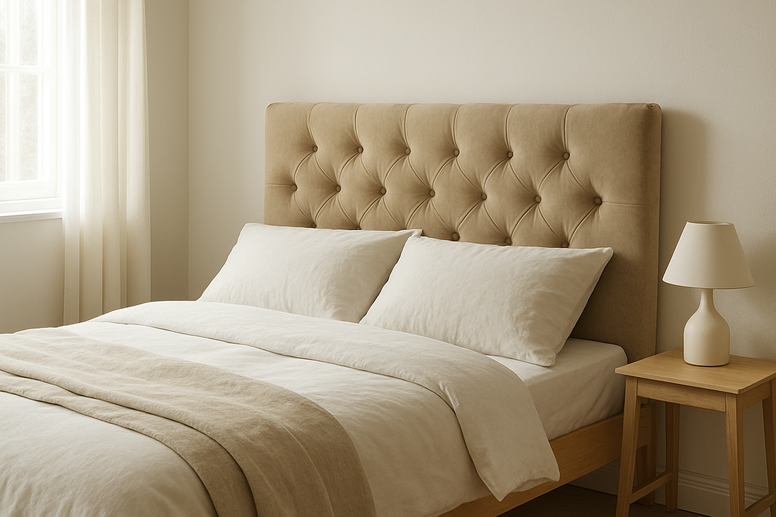 Tête de lit capitonnée beige faite maison dans une chambre scandinave avec lumière naturelle, lit en bois clair et table de chevet minimaliste.