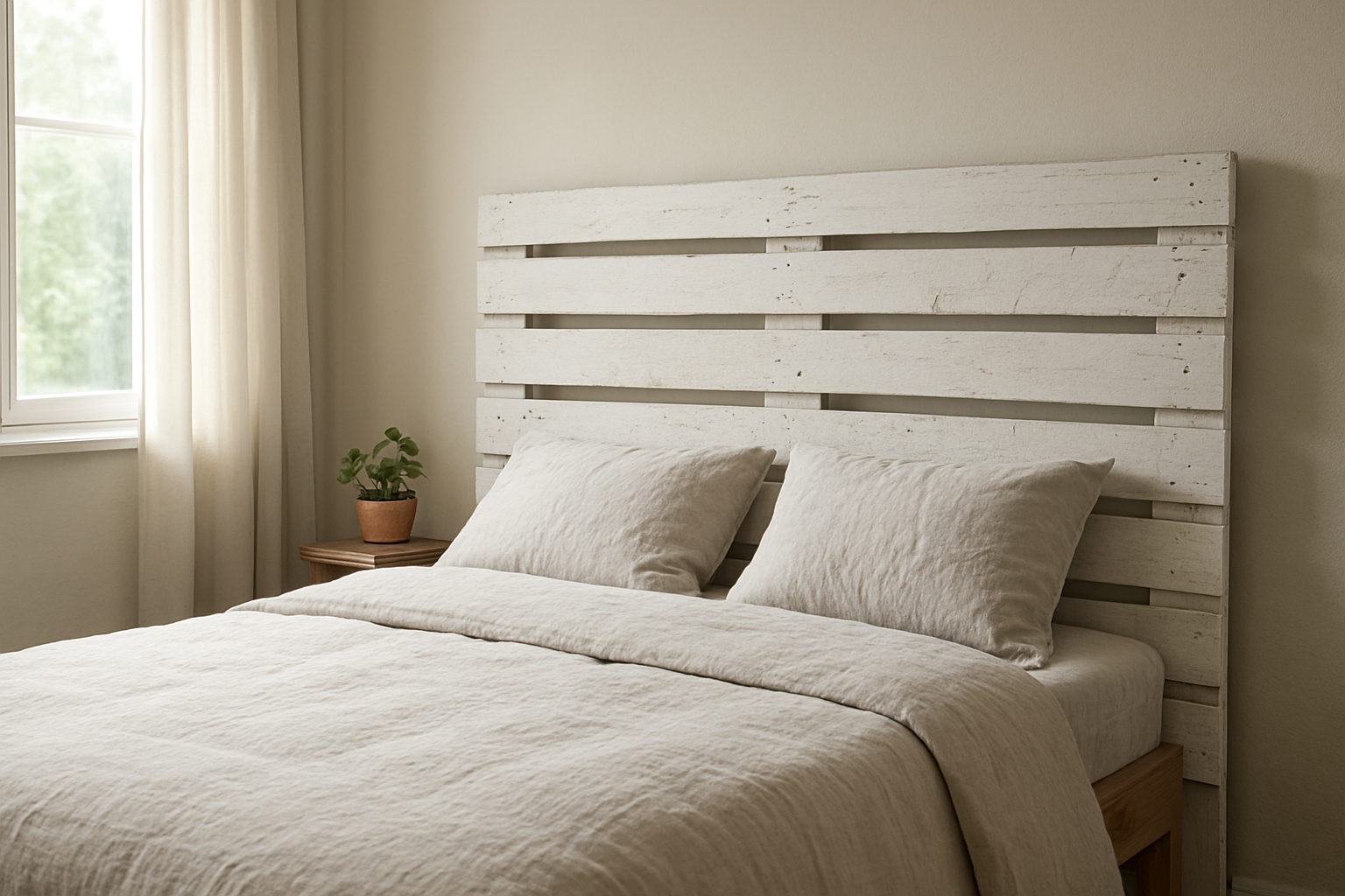 Tête de lit originale pas chère en bois de palette blanche dans une chambre cosy avec literie en lin et plante verte