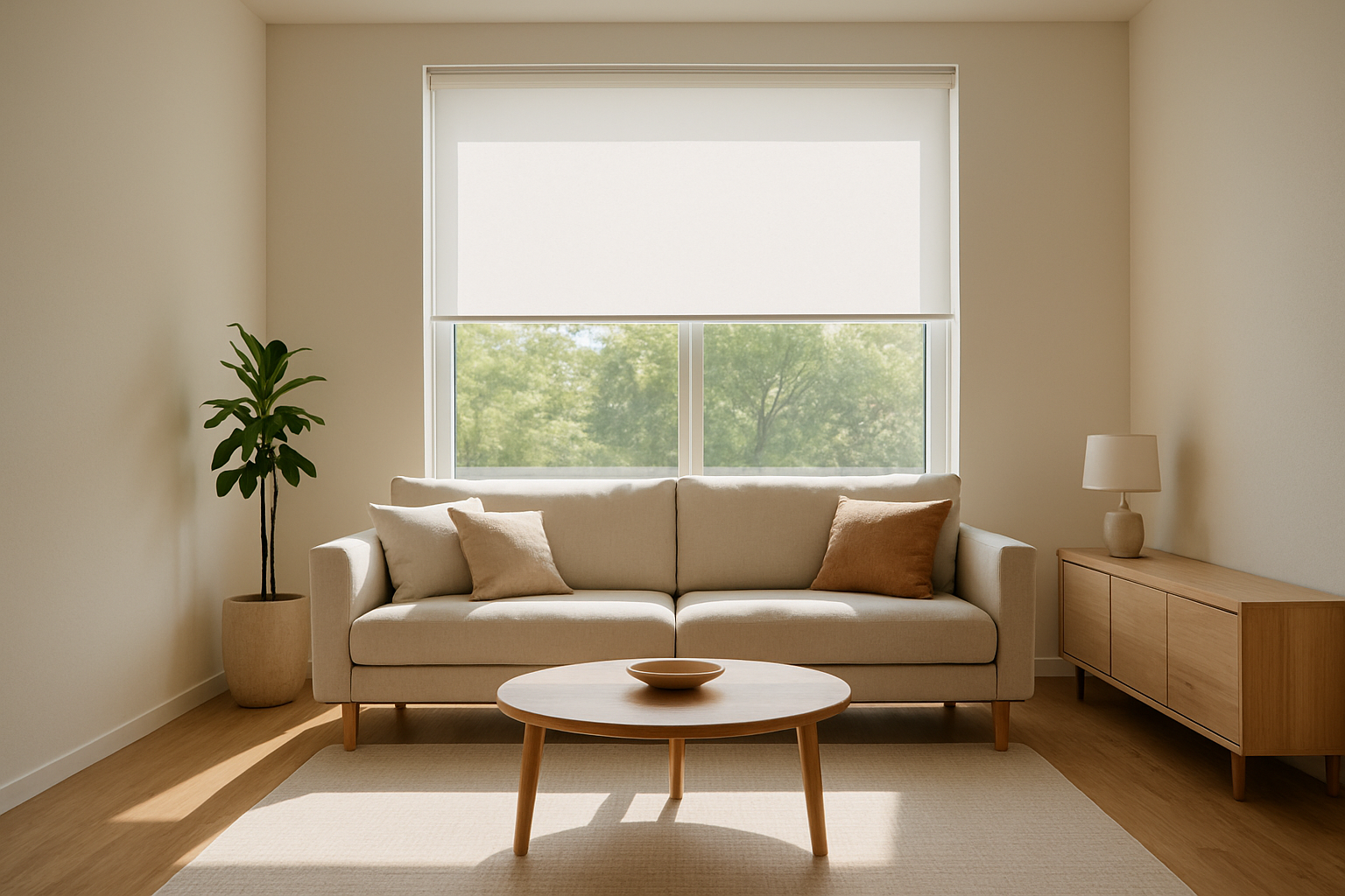 Store enrouleur blanc partiellement baissé dans un salon lumineux avec lumière naturelle, décoration minimaliste, sol en bois et canapé moderne.
