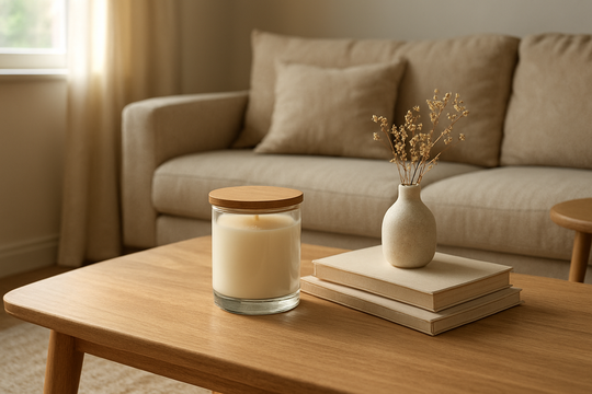 Bougie en anglais parfumée dans un pot en verre sur une table basse en bois, entourée de livres et de fleurs séchées, dans un salon lumineux et cosy.