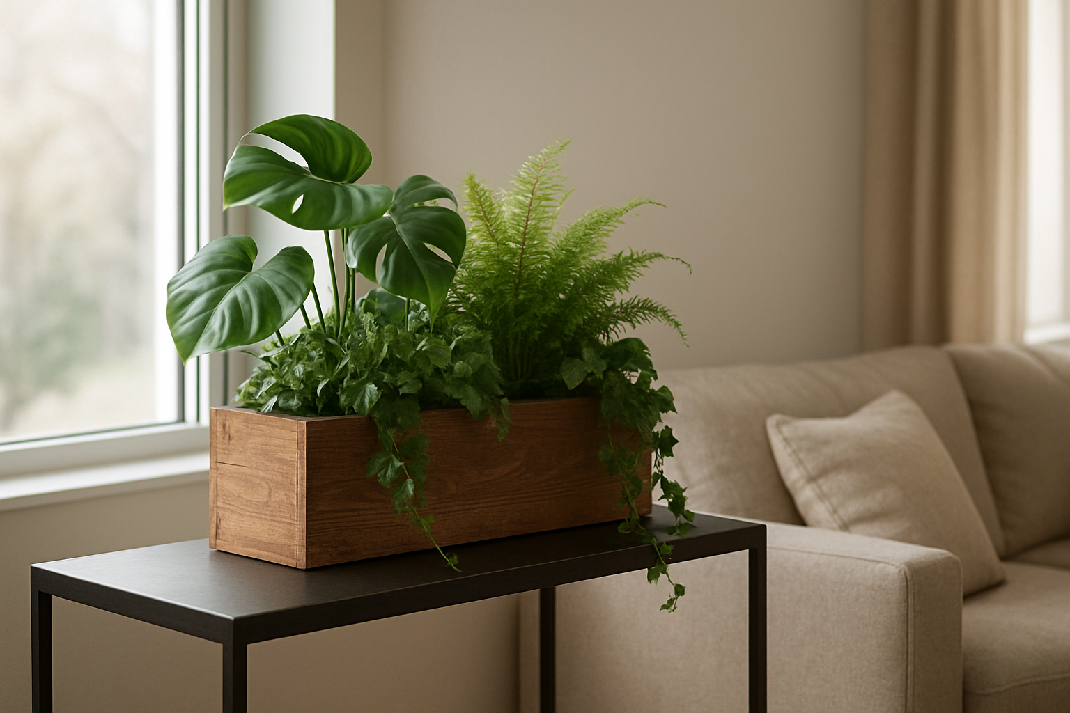 Jardinière d'intérieur en bois avec plantes vertes sur une console près d'une fenêtre, dans un salon lumineux au style moderne