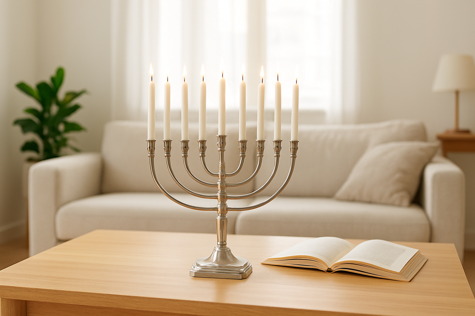 Une hanukkiah en argent avec neuf bougies blanches posée sur une table en bois clair dans un salon lumineux au style scandinave, avec une plante verte et un livre ouvert à côté, ambiance chaleureuse.
