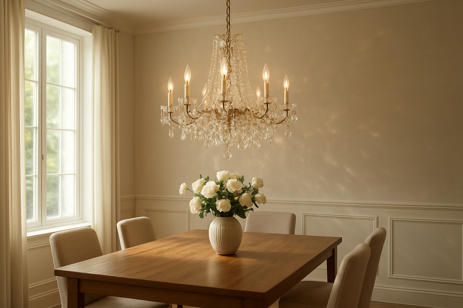 Lustre à pampilles en cristal scintillant au-dessus d'une table à manger dans un salon lumineux et élégant.