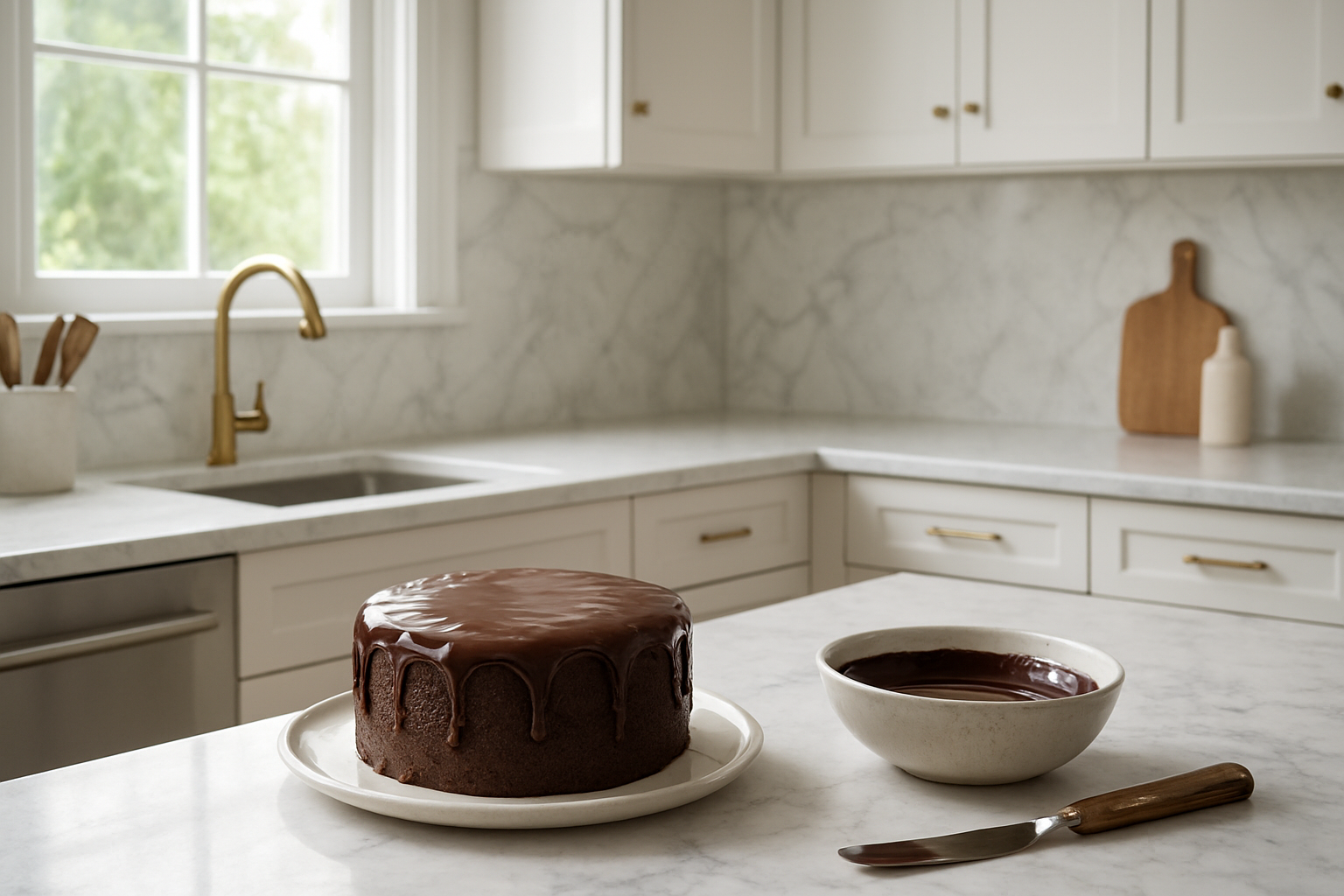 Gâteau au chocolat avec nappage brillant sur un plan de travail en marbre, entouré d'ustensiles de pâtisserie.