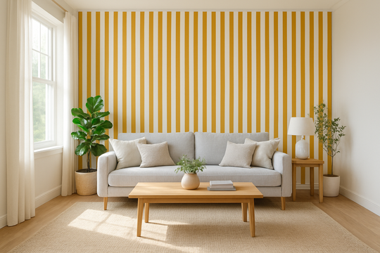 Salon lumineux avec un mur d'accent en papier peint rayures jaune moutarde et blanc, canapé gris, table basse en bois, lumière naturelle